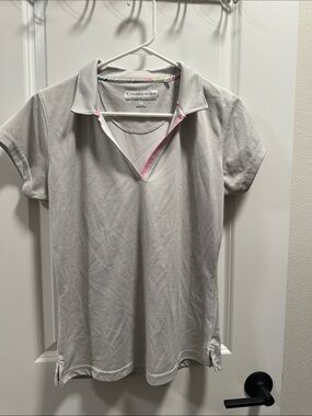 Pebble Beach White Polo Top with Pink Trim Accents
